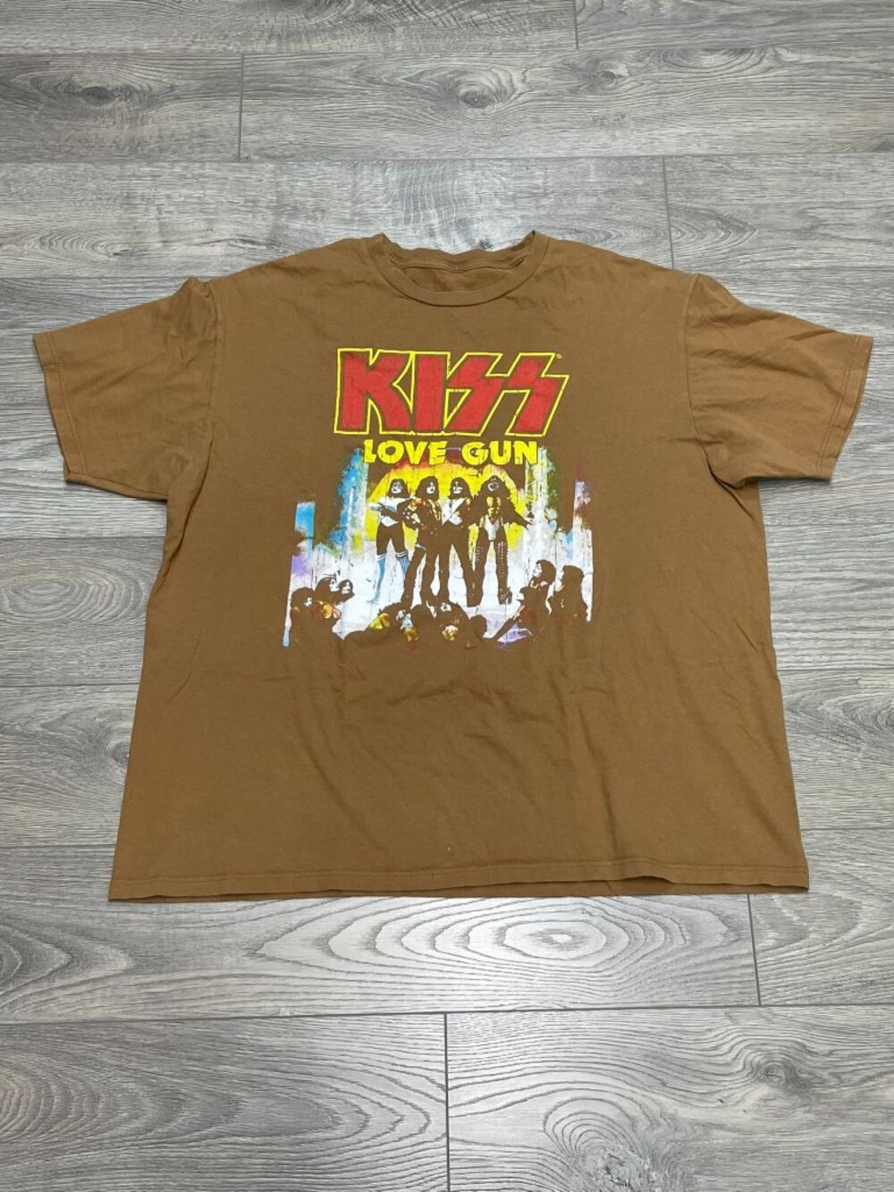 KISS Love Gun Graphic Band Tee‎ Brown Short Sleeve T-Shirt Mens Size 2XL Rock
